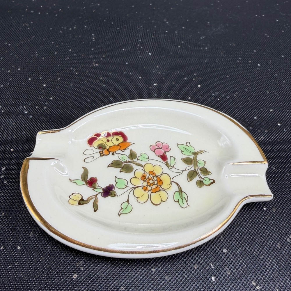 Zsolnay Hungary Hand Painted Porcelain Ashtray Floral Butterfly Gold Trim 4x3 - Picture 10 of 11